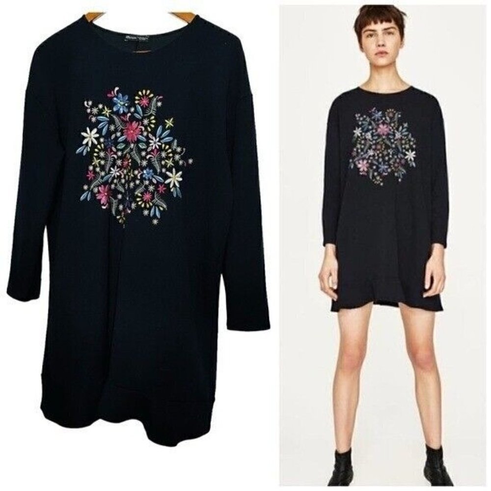 Zara Black Embroidered Floral Sequin Detail Longsleeves Mini Dress Size Medium